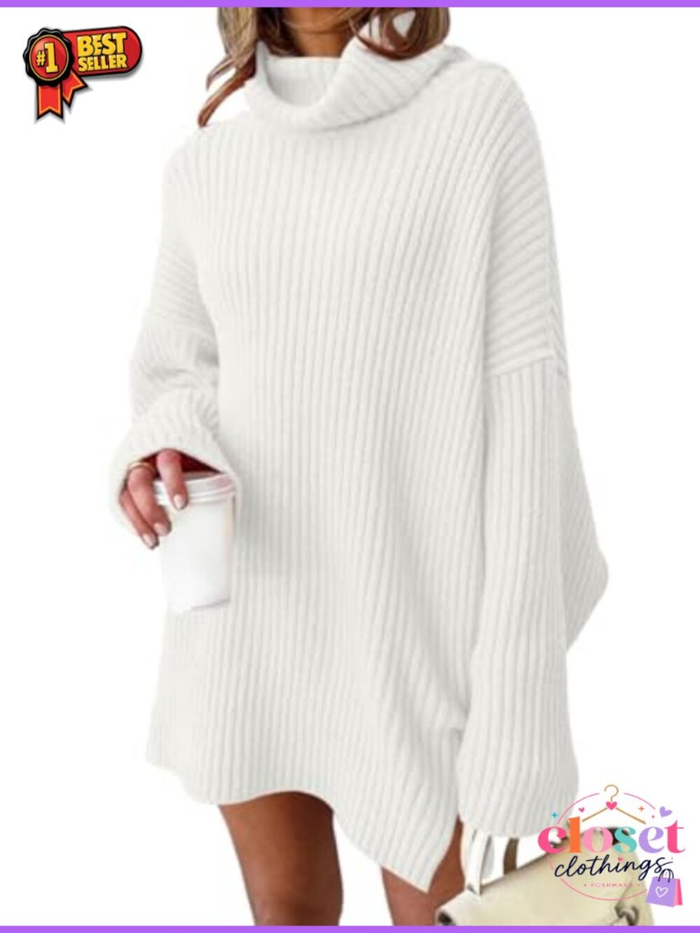 Oversized Turtleneck Sweater Dress Soft Knit Pullover Winter Tunic